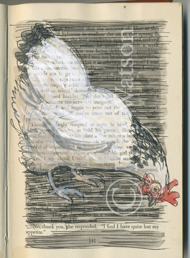 'I have quite lost my appetite' felt tip, gouache and watercolour on vintage book page. This is Vita again. Vita is ALWAYS hungry. 