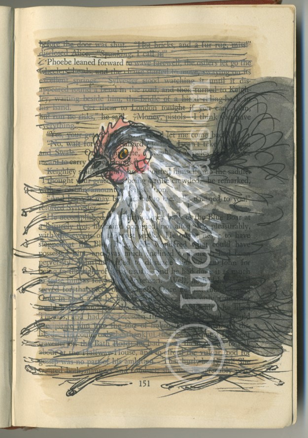 'Phoebe leaned forward' felt tip, watercolour and gouache on vintage book page.  This is Hilda really. Phoebe is her stage name :-) Here she is demonstrating the Pekin 'forward tilt' which is a sign of good breeding and general loveliness on the show bench. Hilda rocks the 'forward tilt'. 