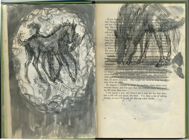 Fun drawing a foal dance over other horses. Then a squiggly cameo shape and brushy, brushiness all about.