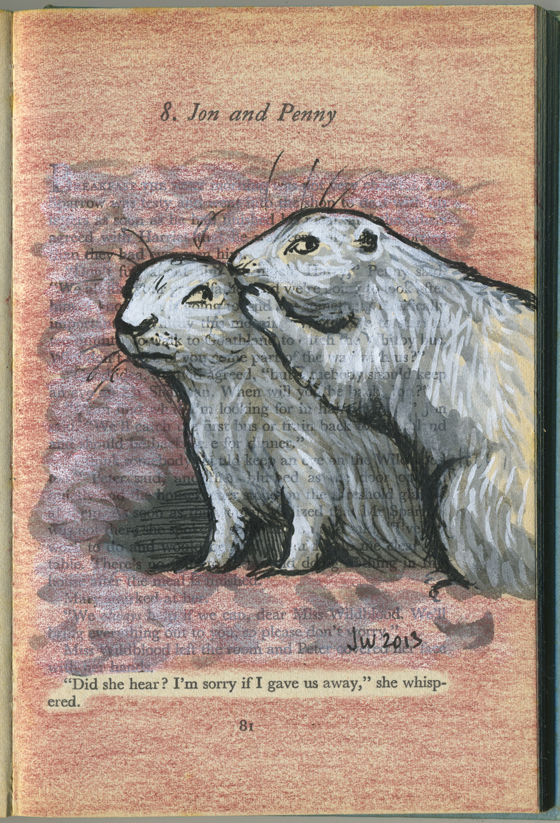 'Jon and Penny' - fineliner, indian ink, gouache and pencil on vintage book page