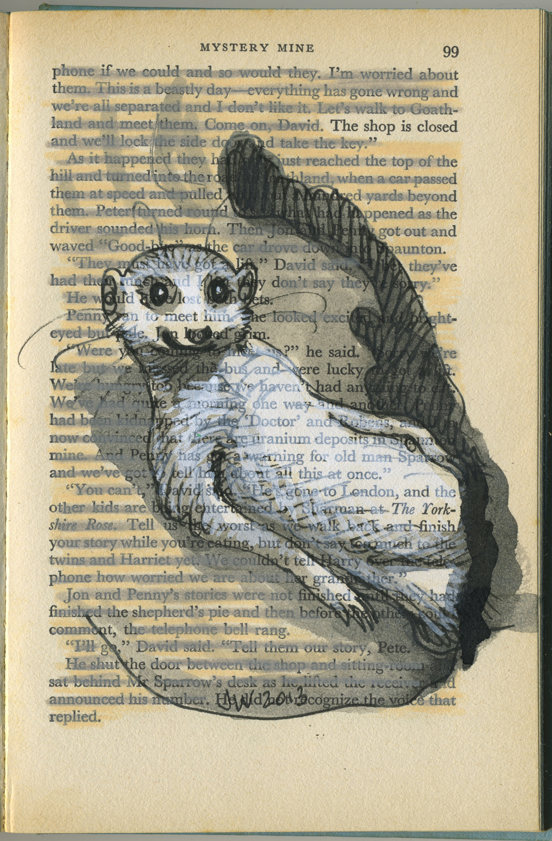 'I'm sorry, the shop is closed' - fineliner, indian ink, gouache and pencil on vintage book page