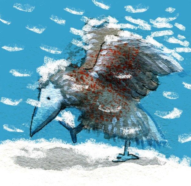 blue bird plays in the snow judywatsonart lores