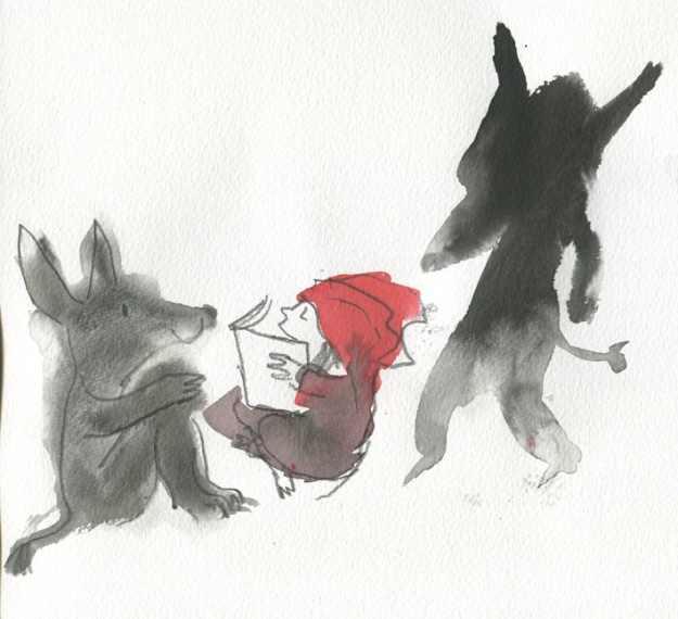 Ann James' Red Riding Hood and friend wolf (with mysterious dark figure looming behind!)